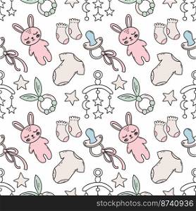 Seamless children’s pattern for sewing clothes and printing on fabric. Backgroundnewborn. Cute bunny. Toys  baby. Hand drawn wallpaper.