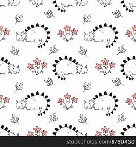 Seamless children’s pattern with dinosaur. Cute dino in nature. Printing on fabric and wrapping paper. Background to nursery.