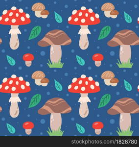 Seamless childrens pattern with mushrooms, amanitas, foliage and polka dots on blue background. Vector natural texture with fungus and leaves. Wallpaper with plants. Seamless childrens pattern with mushrooms, amanitas, foliage and polka dots on blue background. Vector natural texture with fungus and leaves.