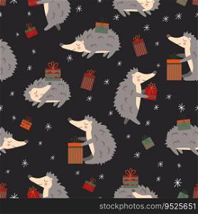 Seamless Christmas and New Year pattern with hedgehogs and gift boxes and winter elements. Backdrop for wallpaper, print, textile, fabric, wrapping. Vector illustration.