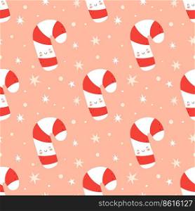 Seamless Christmas background with cute candy cane. Vector illustration in flat cartoon style on a pink background. Ideal for fabric and wrapping paper.. Seamless Christmas background with cute candy cane.