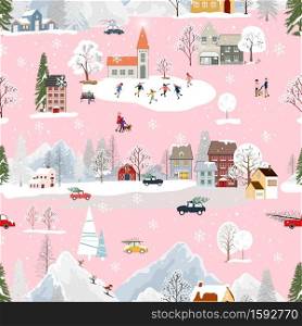 Seamless Christmas landscape in the town with fairy tale houses,snowflakes,Christmas trees with decorations,Vector pattern winter wonderland in the village with happy people playing ice skate