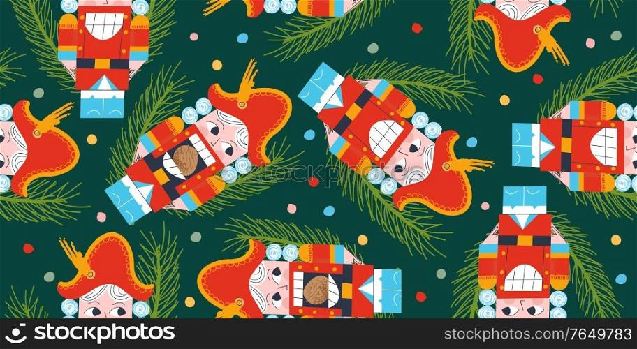 Seamless Christmas magic pattern. The Christmas tree is decorated with vintage Nutcracker toys. Vector illustration.. Vector Christmas seamless pattern with Nutcracker and Christmas tree.