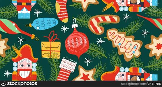Seamless Christmas magic pattern. The Christmas tree is decorated with vintage toys, Nutcrackers, Christmas cookies, gifts and socks. Vector illustration.. Seamless Christmas pattern. The Christmas tree is decorated with vintage toys. Vector illustration.