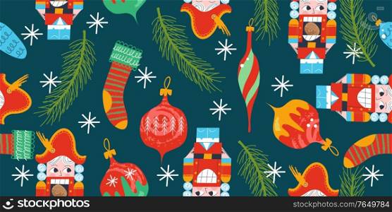 Seamless Christmas magic pattern. The Christmas tree is decorated with vintage toys and a Nutcracker. Vector illustration.. Seamless Christmas pattern. The Christmas tree is decorated with vintage toys. Vector illustration.
