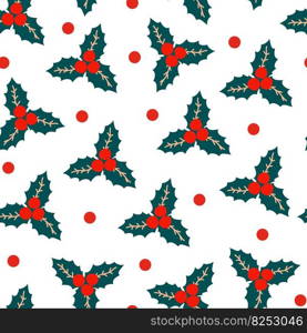 Seamless Christmas pattern - made of red and green of repeating dots and mistletoe on a white background in the traditional Scandinavian style. Used as a print for fabric, wrapping paper, wallpaper.. Seamless Christmas pattern - made of red and green of repeating dots and mistletoe on a white background in the traditional Scandinavian style. Used as a print for fabric, wrapping paper, wallpaper