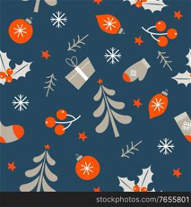 Seamless Christmas pattern on light background. Christmas decor, Christmas decorations, Holly, Christmas trees, boxes with gifts. Vector illustration.. Seamless Christmas pattern. Vector illustration.