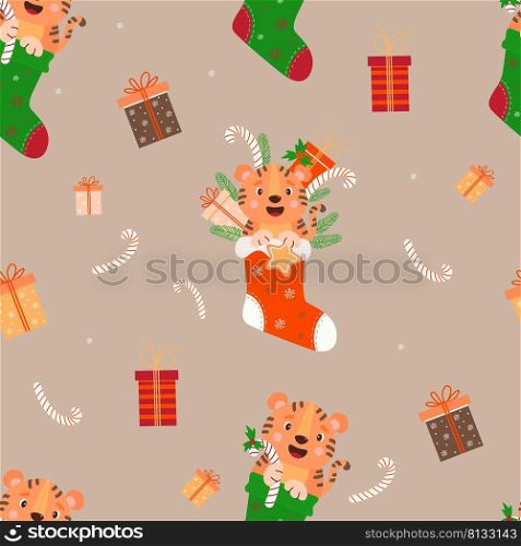 Seamless Christmas pattern with a tiger. Cute tiger cub with a gift and gingerbread with branches of tree in  Christmas sock on brown background with gifts and striped caramel. Vector illustration