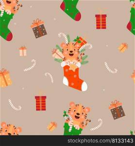 Seamless Christmas pattern with a tiger. Cute tiger cub with a gift and gingerbread with branches of tree in  Christmas sock on brown background with gifts and striped caramel. Vector illustration