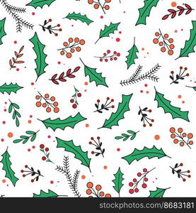 Seamless Christmas pattern with berries, fir branches, foliage and holly. Botanical holiday background. Template for packaging, paper, textile, wallpaper and design. Hand drawn continuous traditional model vector illustration. Seamless Christmas pattern with berries, fir branches, foliage and holly