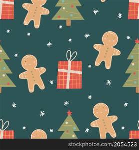 Seamless Christmas pattern with Christmas tree, gingerbread man and gifts. Christmas ornament with red and green color, vector illustration. Seamless Christmas pattern with Christmas tree, gingerbread man and gifts.