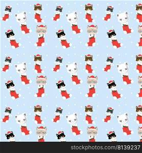 Seamless Christmas pattern with cute cartoon cats in socks. 