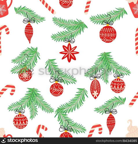 Seamless christmas pattern with fir branches. Spruce background. Christmas and Happy New Year seamless pattern with Christmas toys and gifts. Trendy retro style. Seamless christmas pattern with fir branches. Spruce background