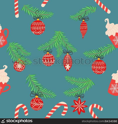 Seamless christmas pattern with fir branches. Spruce background. Christmas and Happy New Year seamless pattern with Christmas toys and gifts. Trendy retro style. Seamless christmas pattern with fir branches. Spruce background