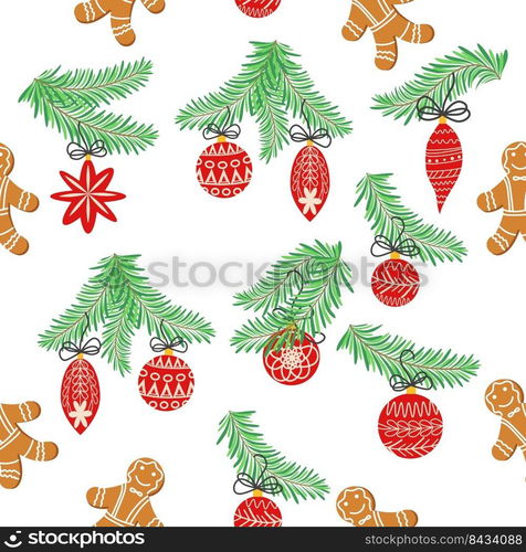 Seamless christmas pattern with fir branches. Spruce background. Christmas and Happy New Year seamless pattern with Christmas toys and gifts. Trendy retro style. Seamless christmas pattern with fir branches. Spruce background