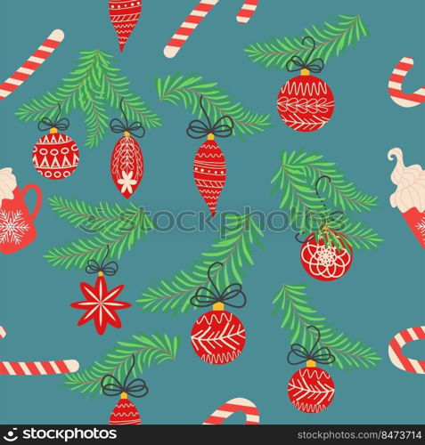 Seamless christmas pattern with fir branches. Spruce background. Christmas and Happy New Year seamless pattern with Christmas toys and gifts. Trendy retro style. Seamless christmas pattern with fir branches. Spruce background