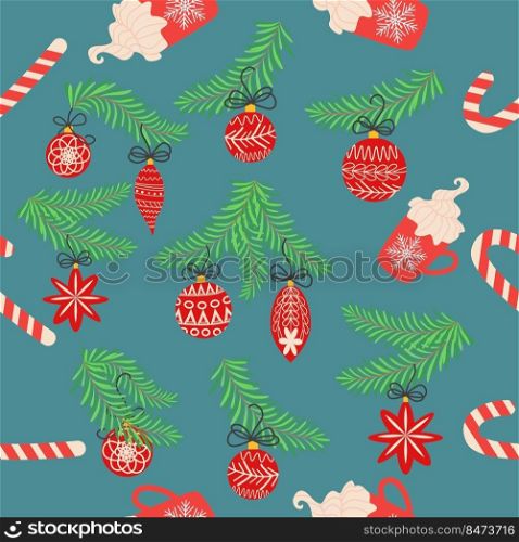 Seamless christmas pattern with fir branches. Spruce background. Christmas and Happy New Year seamless pattern with Christmas toys and gifts. Trendy retro style. Seamless christmas pattern with fir branches. Spruce background