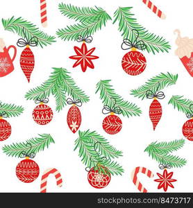 Seamless christmas pattern with fir branches. Spruce background. Christmas and Happy New Year seamless pattern with Christmas toys and gifts. Trendy retro style. Seamless christmas pattern with fir branches. Spruce background