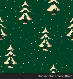 Seamless Christmas pattern with flat colored snowy firs