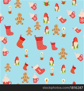 Seamless Christmas pattern with gnome, candle, gingerbread, stocking. Wrapping paper decoration. Seamless Christmas pattern with gnome, candle, gingerbread, stocking. Wrapping paper