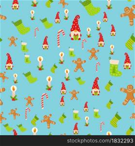 Seamless Christmas pattern with gnome, gingerbread, candle, stocking, candy cane. Wrapping paper decoration. Seamless Christmas pattern with gnome, gingerbread, candle, stocking, candy cane. Wrapping paper