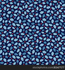 Seamless Christmas pattern with holly leaves and berries. Simple cartoon style. Seamless background for winter holidays decoration, wrapping paper, fabric. Vector illustration on a blue background.. Seamless Christmas pattern with holly leaves and berries. Simple cartoon style. Seamless background for winter holidays decoration, wrapping paper, fabric.