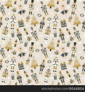 Seamless Christmas Pattern with Nutcrackers in Vector.. Seamless Christmas Pattern with Nutcrackers ballerina in Vector on beige.
