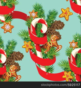 Seamless christmas pattern with xmas gingerbread, candy, red ribbon and fir tree branches. Background for Christmas and New Year holidays design.