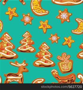 seamless christmas pattern - xmas gingerbread on blue background- cookies in reindeer, star, moon and fir-tree shapes