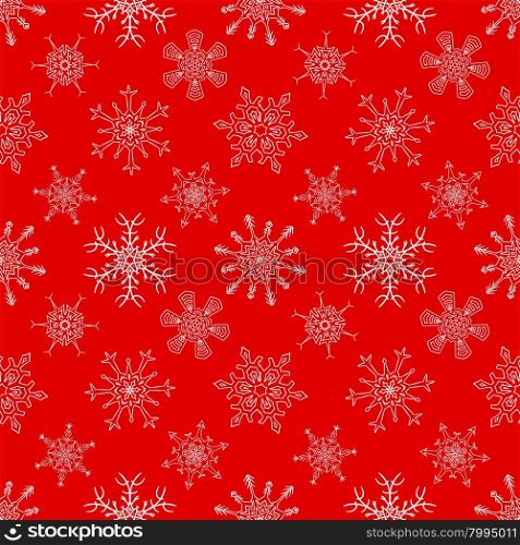 Seamless Christmas red pattern with random drawn snowflakes
