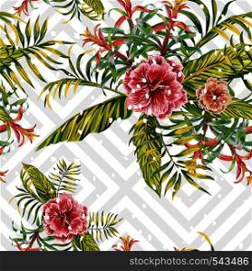 Seamless christmas snow tropical pattern with exotic flowers hibiscus and bromeliad vector palm leaves on geometric background