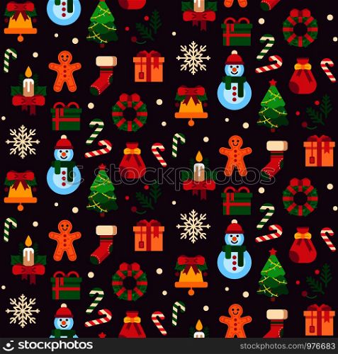 Seamless christmas symbols. Xmas green tree, gift toys or holidays sweets snowflake and traditional gingerbread man, new year gifts decorative paper or textile fabric pattern vector background. Seamless christmas symbols. Xmas green tree, gift toys or holidays sweets and traditional gingerbread man pattern vector background