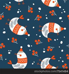 Seamless Christmas winter pattern on blue background. Cute birds dressed in a warm sweater and a hat. Vector illustration for seamless printing on textiles, paper.. Seamless Christmas pattern on blue background. Vector illustration.