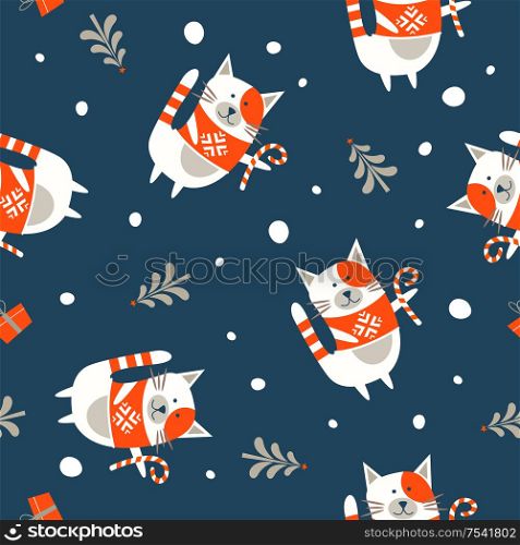 Seamless Christmas winter pattern on blue background. Cute cat dressed in a warm knitted sweater. Vector illustration for seamless printing on textiles, paper.. Seamless Christmas pattern on blue background. Vector illustration.