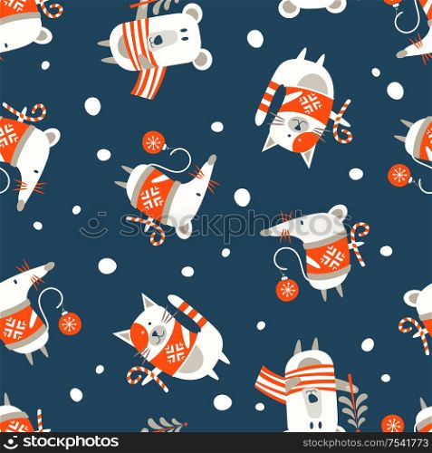 Seamless Christmas winter pattern on blue background. Cute little animals. Bear, cat and mouse, symbol of 2020. Vector illustration for seamless printing on textiles, paper.. Seamless Christmas pattern on blue background. Vector illustration.
