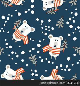 Seamless Christmas winter pattern on blue background. Cute polar bear dressed in a striped scarf holding a Christmas tree in his paw. Vector illustration for seamless printing on textiles, paper.. Seamless Christmas pattern on blue background. Vector illustration.