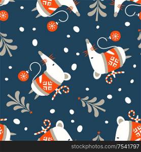 Seamless Christmas winter pattern on blue background. Mouse, symbol of 2020. Vector illustration for seamless printing on textiles, paper.. Seamless Christmas pattern on blue background. Vector illustration.