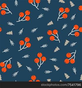 Seamless Christmas winter pattern on blue background. Rowan berries and small Christmas trees. Vector illustration for seamless printing on textiles, paper.. Seamless Christmas pattern on blue background. Vector illustration.