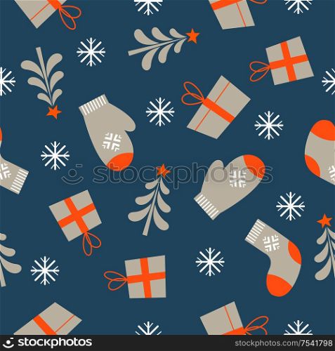 Seamless Christmas winter pattern on blue background. Warm knitted mittens, socks and gift boxes. Vector illustration for seamless printing on textiles, paper.. Seamless Christmas pattern on blue background. Vector illustration.