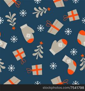 Seamless Christmas winter pattern on blue background. Warm knitted mittens, socks and gift boxes. Vector illustration for seamless printing on textiles, paper.. Seamless Christmas pattern on blue background. Vector illustration.