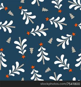 Seamless Christmas winter pattern on blue background. White Christmas trees with a star. Vector illustration for seamless printing on textiles, paper.. Seamless Christmas pattern on blue background. Vector illustration.