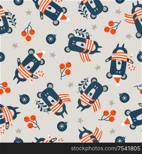 Seamless Christmas winter pattern on light background. Cute bear dressed in a warm striped scarf. Vector illustration for seamless printing on textiles, paper.. Seamless Christmas pattern on light background. Vector illustration.