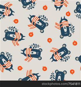 Seamless Christmas winter pattern on light background. Cute bear dressed in a warm striped scarf. Vector illustration for seamless printing on textiles, paper.. Seamless Christmas pattern on light background. Vector illustration.