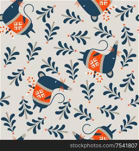 Seamless Christmas winter pattern on light background. Cute bears dressed in a warm sweater. Vector illustration for seamless printing on textiles, paper. Seamless Christmas pattern on light background. Vector illustration.