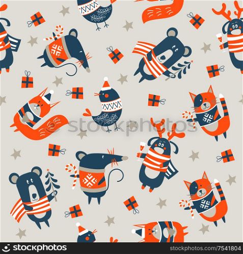 Seamless Christmas winter pattern on light background. Cute little animals. Cat, deer, bear squirrel, bird and mouse. Vector illustration for seamless printing on textiles, pape. Seamless Christmas pattern on light background. Vector illustration.