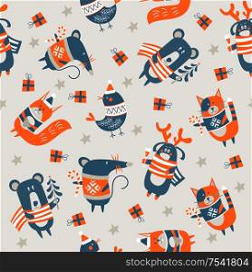 Seamless Christmas winter pattern on light background. Cute little animals. Cat, deer, bear squirrel, bird and mouse. Vector illustration for seamless printing on textiles, pape. Seamless Christmas pattern on light background. Vector illustration.