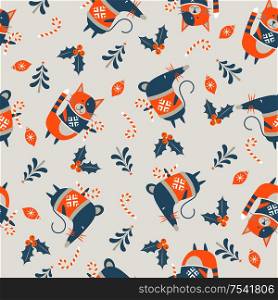 Seamless Christmas winter pattern on light background. Cute mice and cats dressed in a warm sweater. Vector illustration for seamless printing on textiles, paper.. Seamless Christmas pattern on light background. Vector illustration.