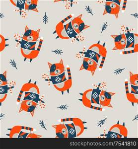 Seamless Christmas winter pattern on light background. Cute orange cats dressed in knitted warm sweaters. Vector illustration for seamless printing on textiles, paper.. Seamless Christmas pattern on light background. Vector illustration.
