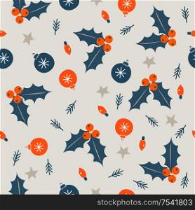 Seamless Christmas winter pattern on light background. Orange and blue Christmas balls and Holly berries. Vector illustration for seamless printing on textiles, paper.. Seamless Christmas pattern on light background. Vector illustration.
