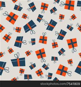 Seamless Christmas winter pattern on light background. Orange and blue gift boxes. Vector illustration for seamless printing on textiles, paper.. Seamless Christmas pattern on light background. Vector illustration.